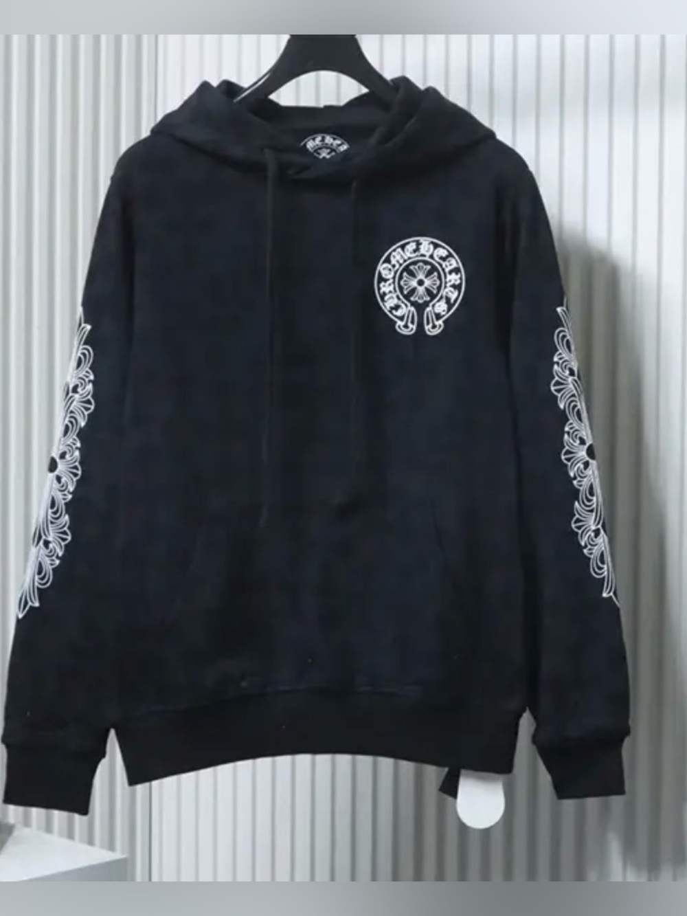 Chrome Hearts Black Hoodie with White Sleeve Fleur Motif